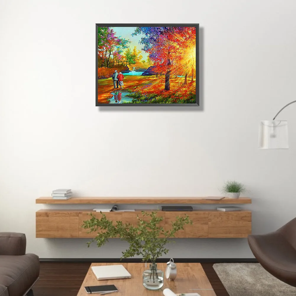 Old Couple Walking In The Forest - Full Round Drill Diamond Painting 50*40CM