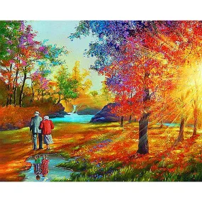 Old Couple Walking In The Forest - Full Round Drill Diamond Painting 50*40CM