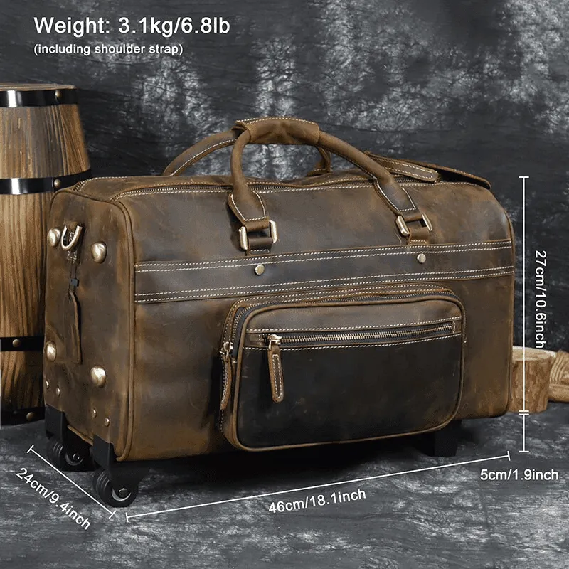Premium Leather Travel Duffel Bag With Wheels 2 Brown