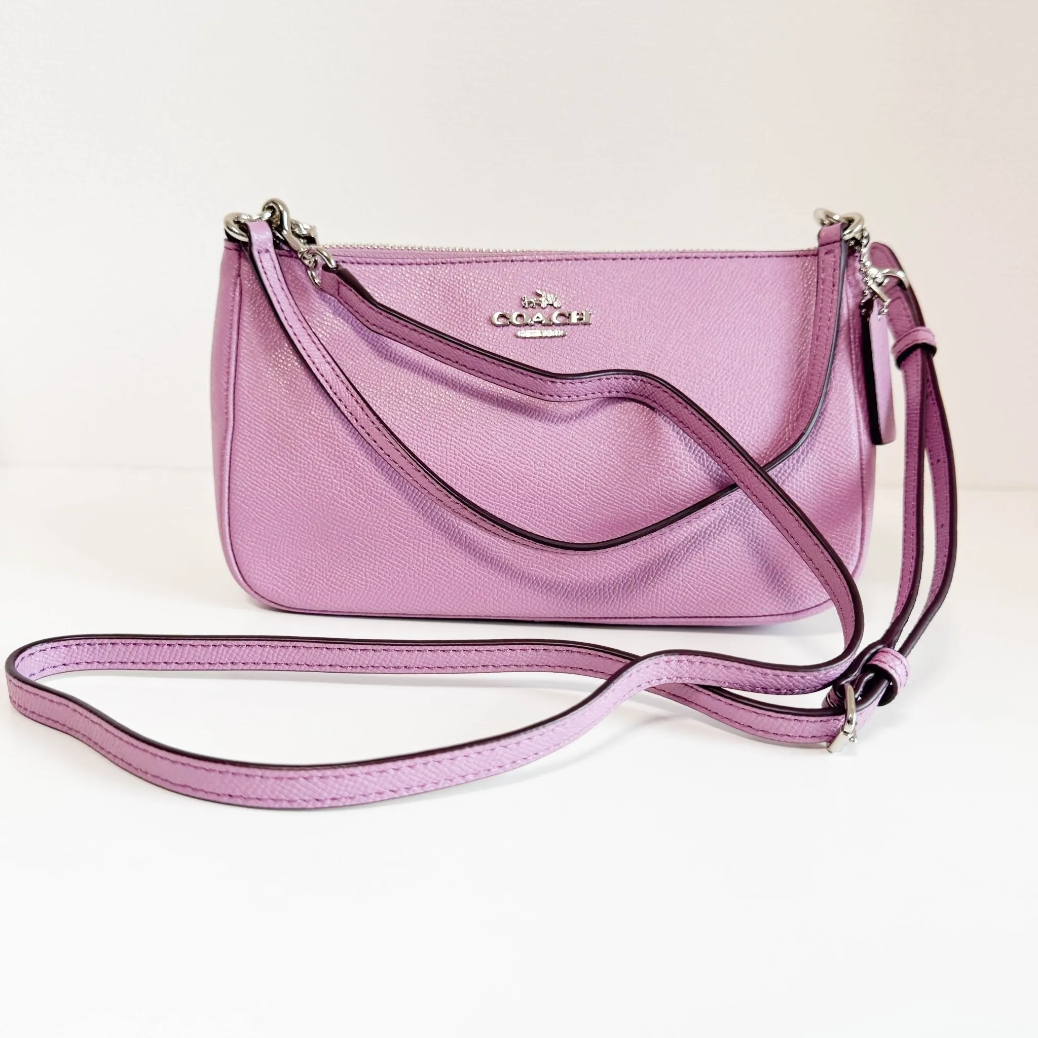 Purple Pink Leather Pochette Bag with Crossbody Strap