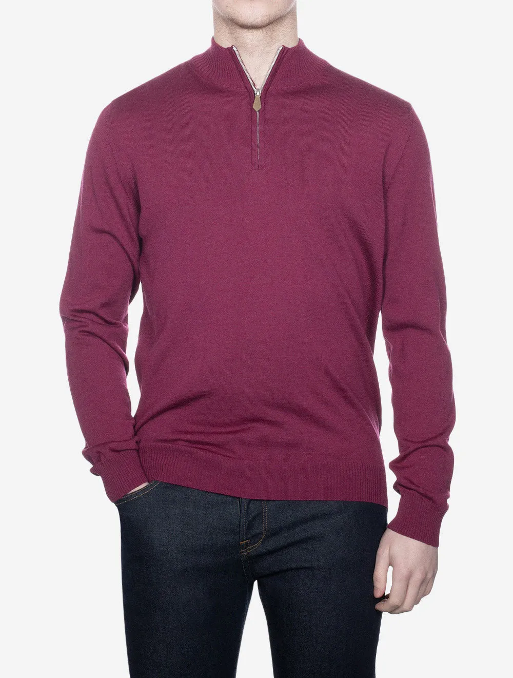 Raspberry Half Zip Merino Wool Jumper