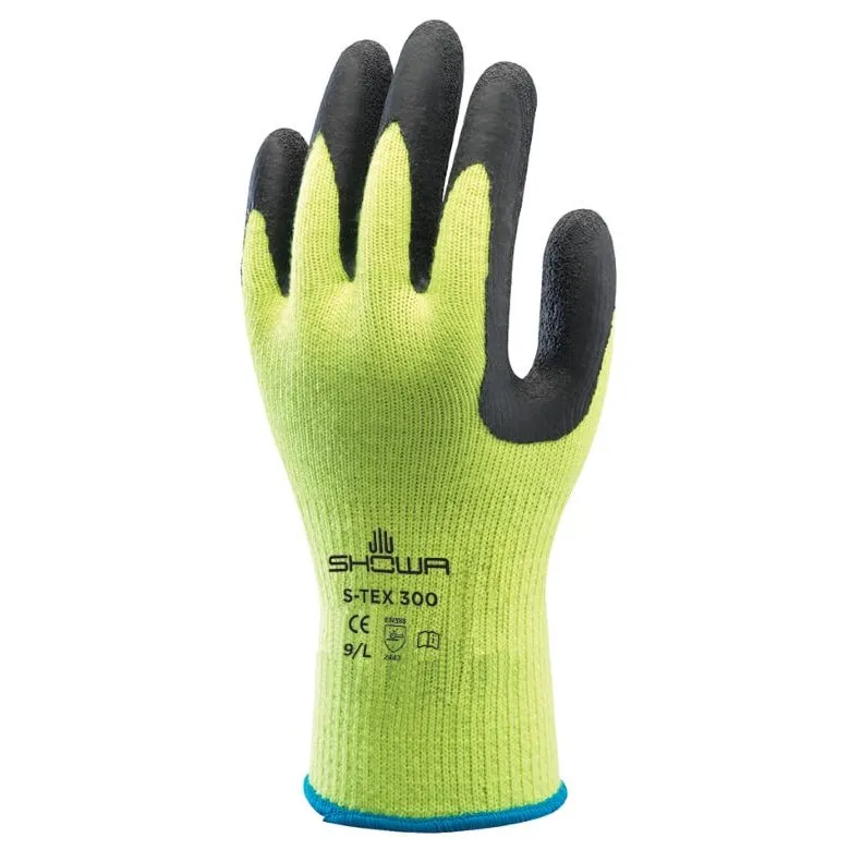 Showa S-TEX 300 Rubber Palm Dipped Work Gloves with Stainless Steel Kevlar Liner, ANSI A4 Cut Resistant, Hi-Vis