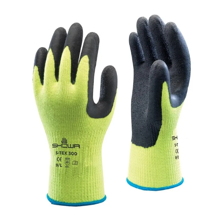 Showa S-TEX 300 Rubber Palm Dipped Work Gloves with Stainless Steel Kevlar Liner, ANSI A4 Cut Resistant, Hi-Vis