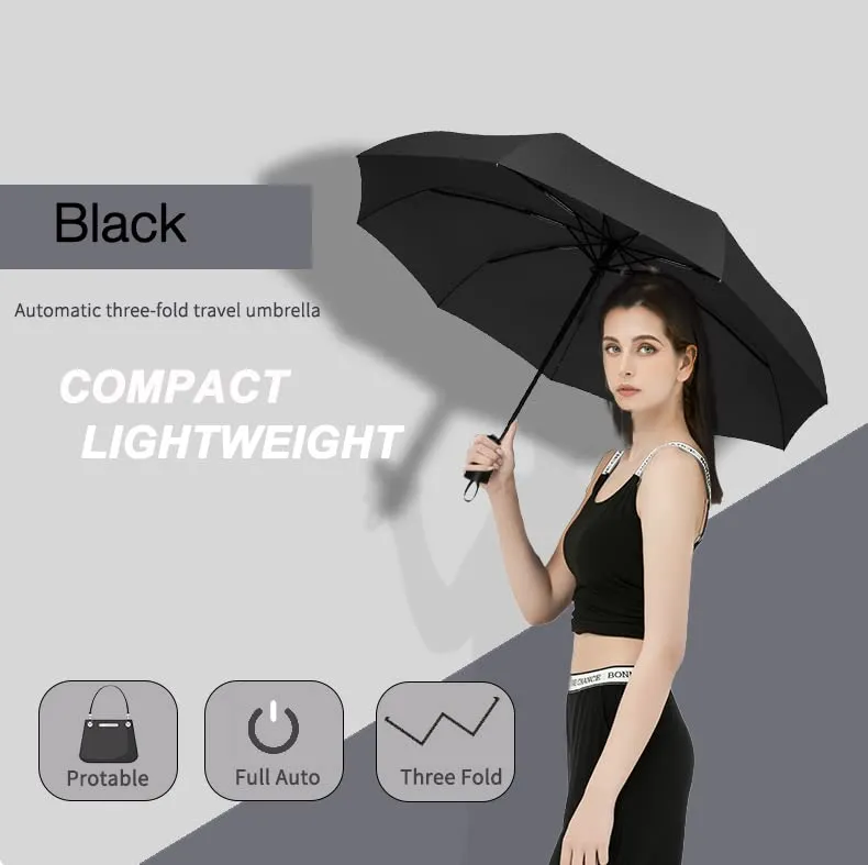 SIEPASA Windproof Travel Compact Umbrella, 8-Ribs Anti-UV Waterproof Folding Umbrella with Telfon Coating-One Button for Auto Open and Close. (Black)