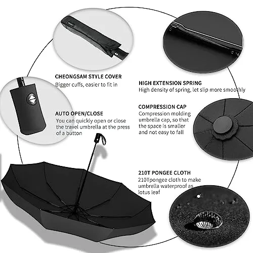 SIEPASA Windproof Travel Compact Umbrella, 8-Ribs Anti-UV Waterproof Folding Umbrella with Telfon Coating-One Button for Auto Open and Close. (Black)