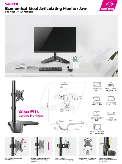 Single-Monitor Steel Articulating Monitor Stand - SH T01 (Fits Most 13" ~ 32")