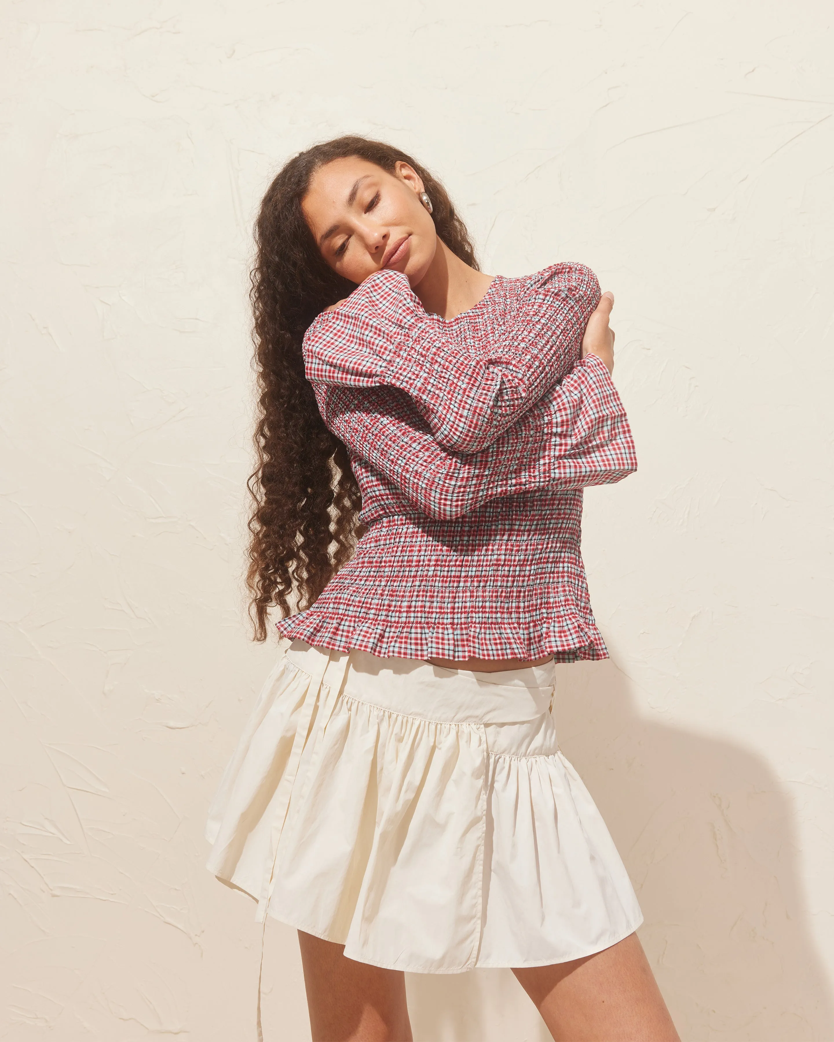 SKY SHIRRED LONG SLEEVE BLUE RASPBERRY TARTAN