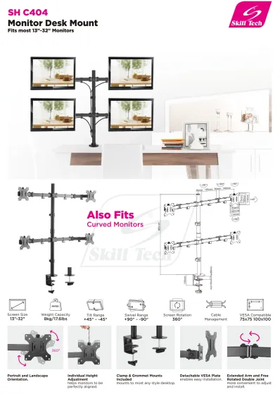 Steel Single Pole Four Screen Articulating Desktop Monitor Mount - SH C404 (Fits Most 13" ~ 27")