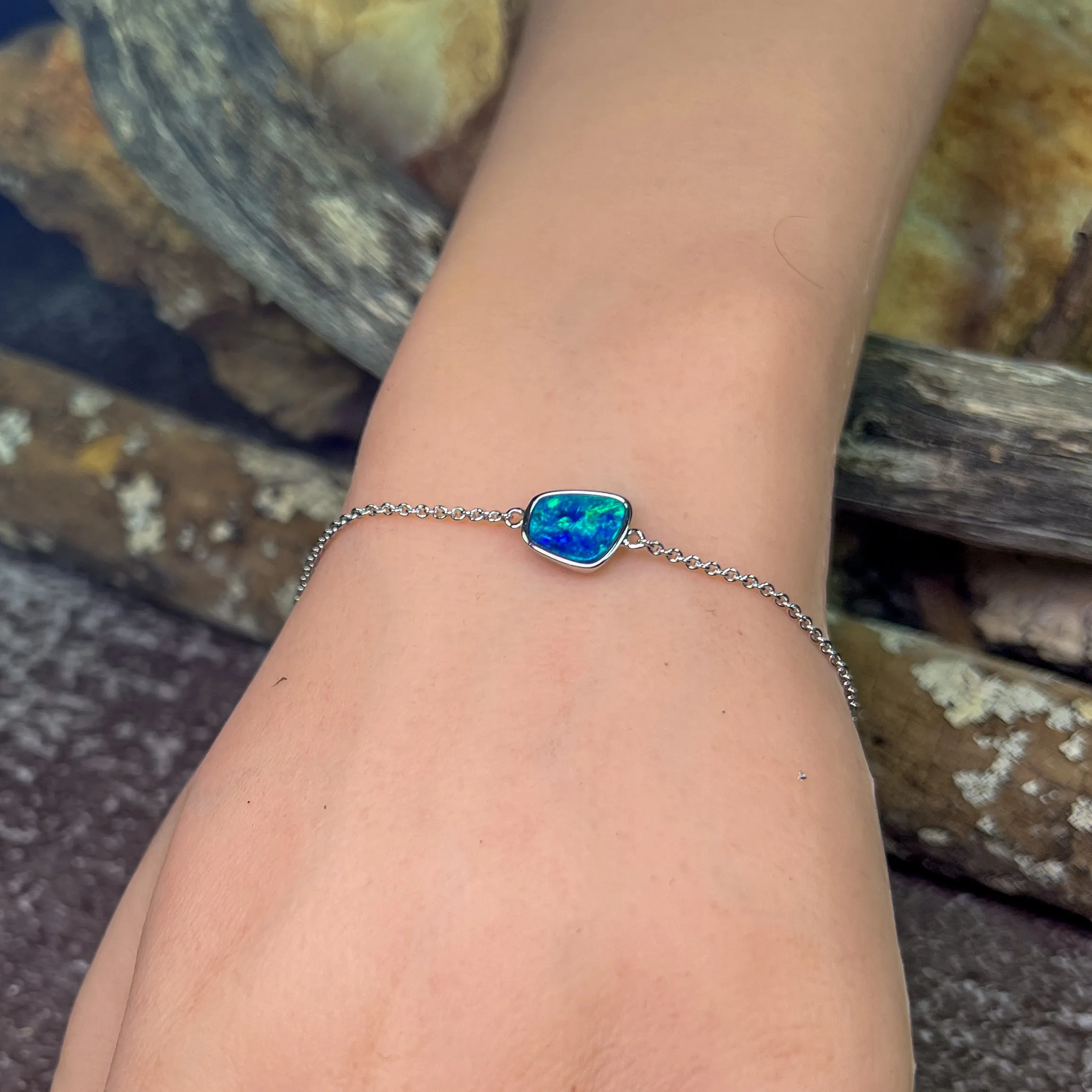 Sterling Silver Blue Green freeform Opal doublet bracelet