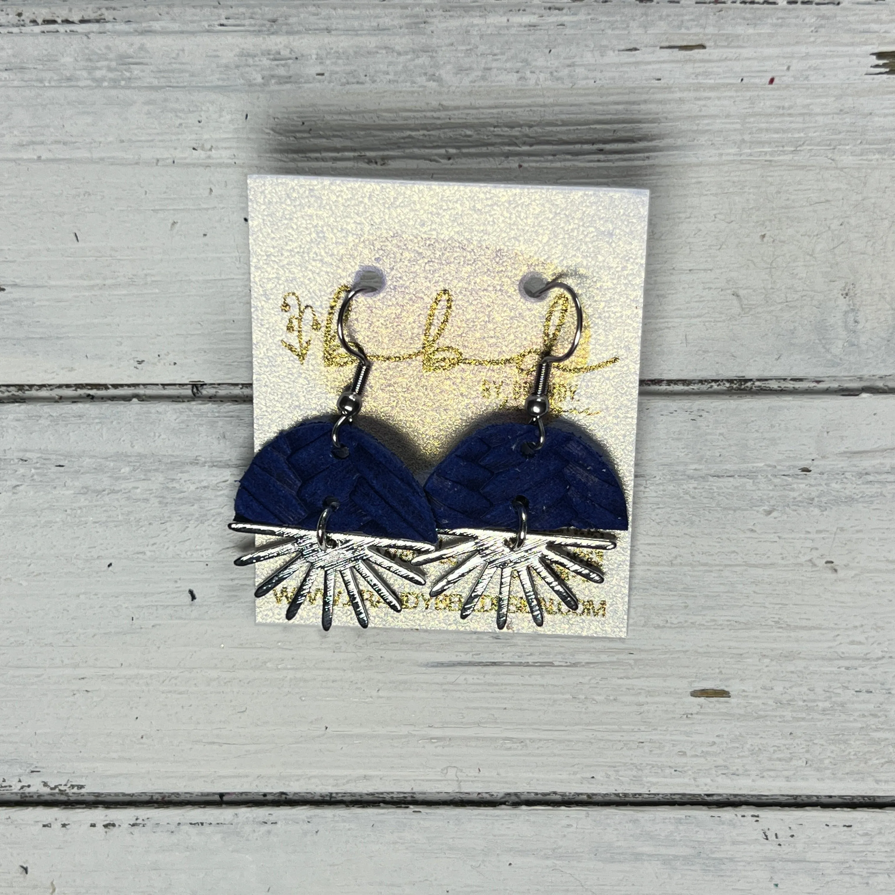 SUEDE   STEEL *Limited Edition* COLLECTION ||  Leather Earrings || SILVER SUNBURST, <BR> COBALT BLUE BRAID