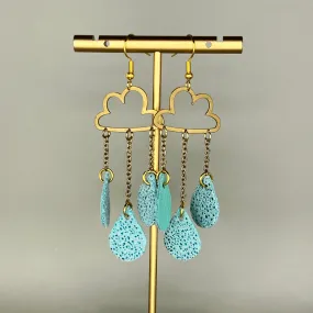 SUEDE   STEEL *Limited Edition* || Leather Earrings || BRASS CLOUD WITH DANGLE LEATHER RAINDROPS  || <BR> SPARKLE AQUA