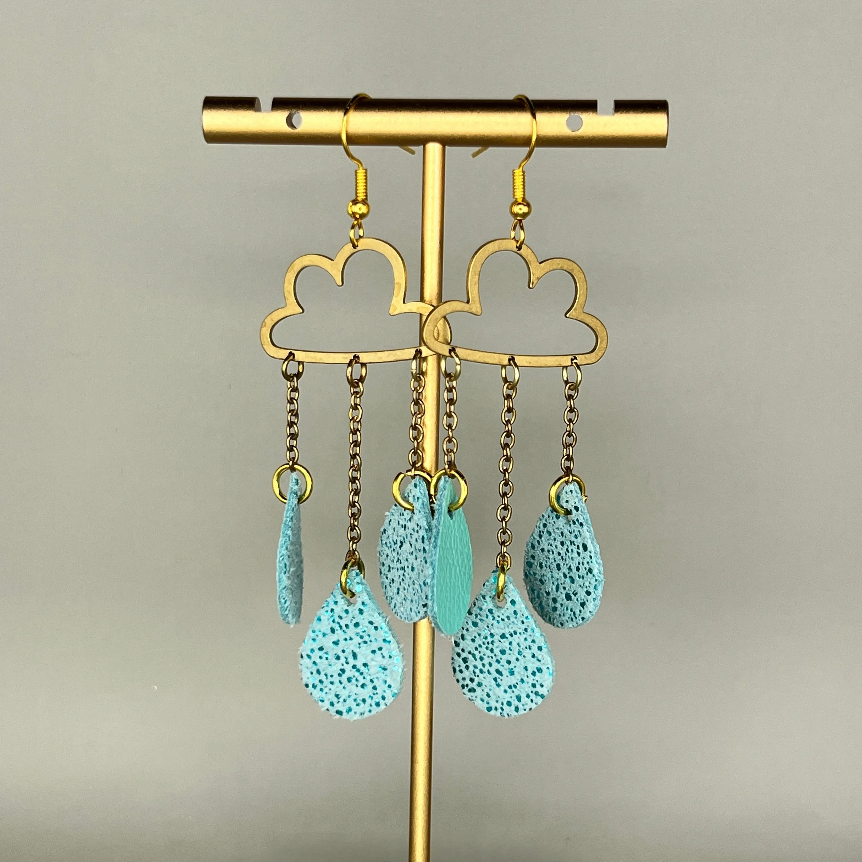 SUEDE   STEEL *Limited Edition* || Leather Earrings || BRASS CLOUD WITH DANGLE LEATHER RAINDROPS  || <BR> SPARKLE AQUA