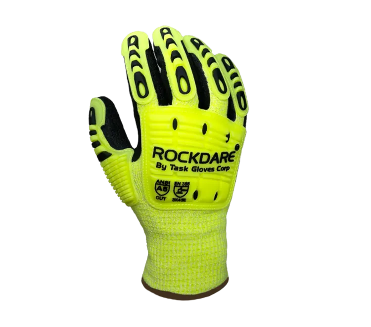 TASK GLOVES - Black Crinkle Latex palm coated, 13 Gauge Gloves, Hi-Vis Yellow HDPE shell, Acrylic Lined, Hi-Vis Yellow TPR back, PVC Waterproof barrier, ANSI CUT A5 - Quantity 12 Pair