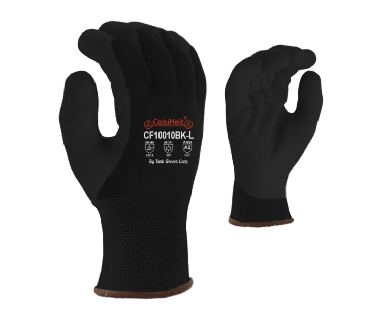 TASK GLOVES - Black Gloves, Heavy Thermal, Double layered Acrylic insulation, Black Latex palm coated, PVC Waterproof Barrier, ANSI A2 - Quantity 12 Pair