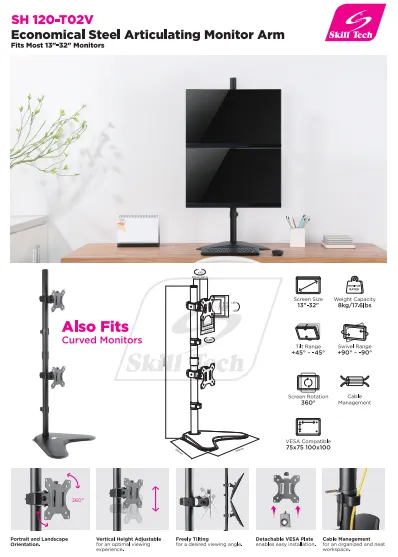 Vertical Dual-Monitor Steel Articulating Desktop Stand - SH 120T02V (Fits Most 13" ~ 32")