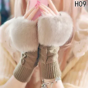 Women Faux Rabbit Fur Hand Wrist Knitted Fingerless Knitting Mittens Winter Autumn Warmer Gloves