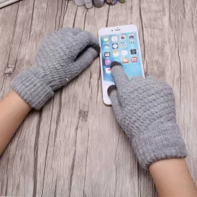 Women Warm Winter Knitted Full Finger  Screen Luvas Mittens Girl Solid Woolen Gloves