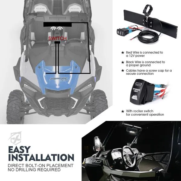 Xprite Curved UTV Rear View Mirror w/ Integrated LED Lights & Switch for 1.75"-2" Rollbars - UTV-CM-G11