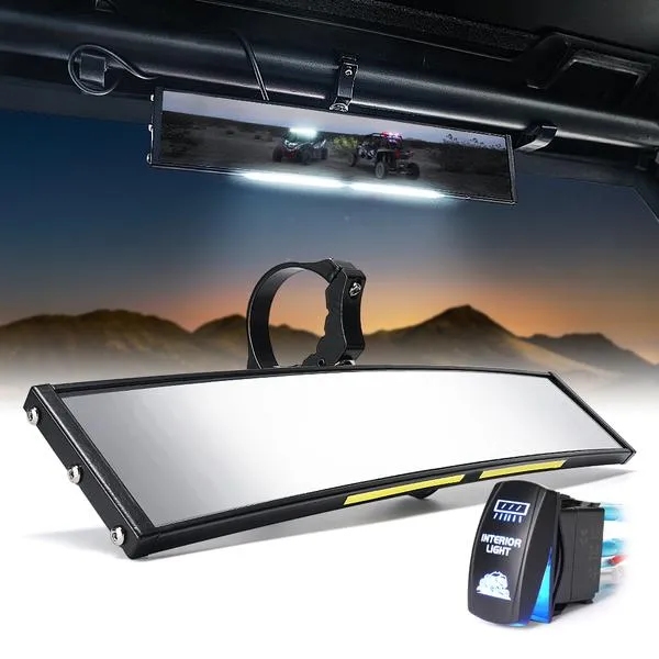 Xprite Curved UTV Rear View Mirror w/ Integrated LED Lights & Switch for 1.75"-2" Rollbars - UTV-CM-G11